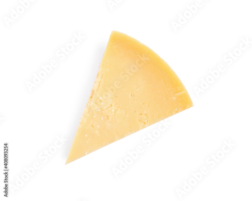 Piece of delicious parmesan cheese isolated on white, top view