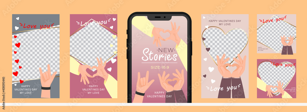 Set of design for stories with I love you heart sign. Editable template for social networks stories. For create trendy stories with message of love using hand gestures. Set of design for stories with I love you heart sign. Editable template for social networks stories. For create trendy stories with message of love using hand gestures.