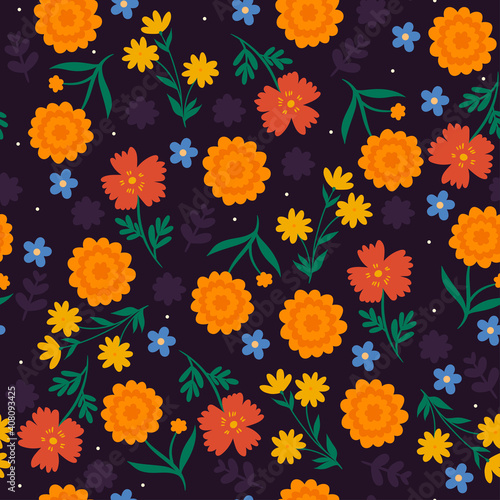 Seamless pattern with flowers on a purple background. Vector graphics.