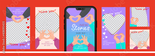 Set of design for stories with I love you heart sign. Editable template for social networks stories. For create trendy stories with message of love using hand gestures.