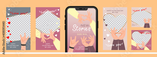 Set of design for stories with I love you heart sign. Editable template for social networks stories. For create trendy stories with message of love using hand gestures.