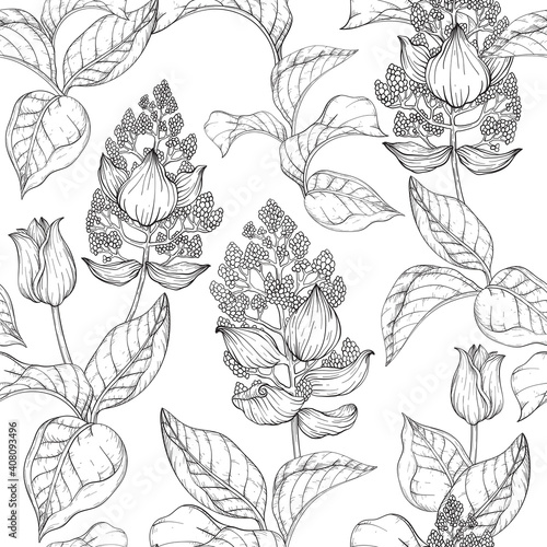Seamless pattern with summer tropical palm leaves and flowers, jungle plants. Black and white