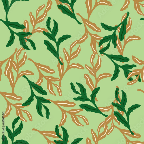 Cartoon forest seamless pattern with beige and bright green leaves branches shapes. Light background.