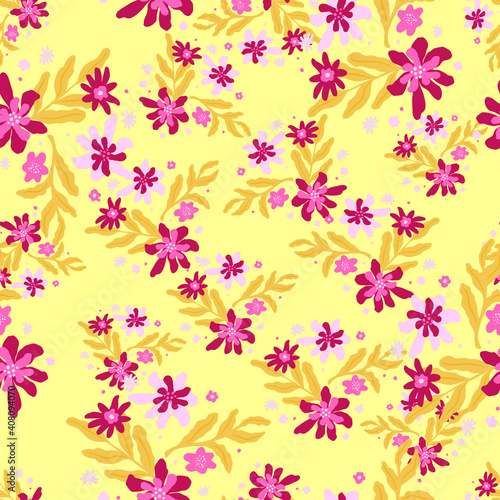 Fototapeta Naklejka Na Ścianę i Meble -  Vintage seamless pattern with random pink flower silhouettes and foliage shapes. Yellow background.