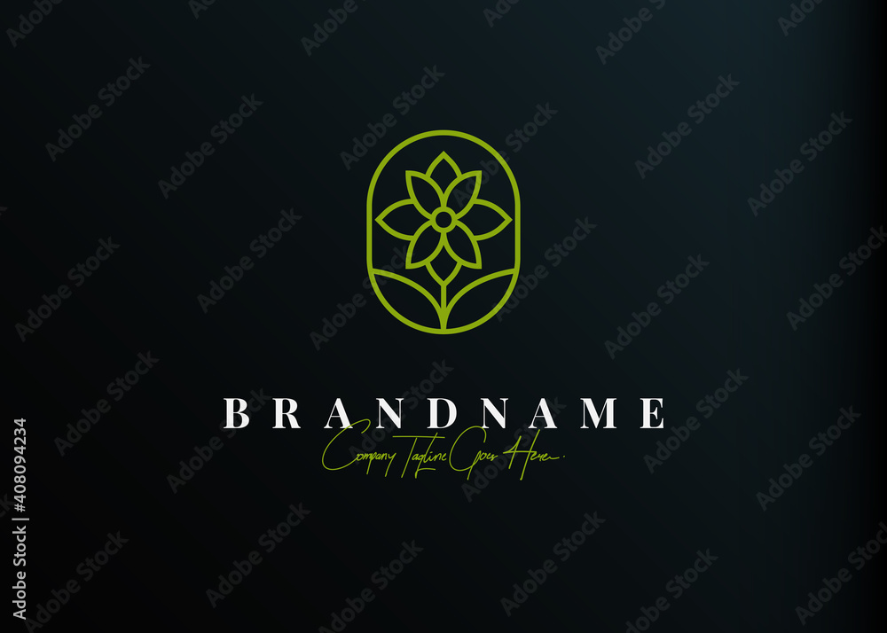 Fototapeta premium Nature flower logo design. Vector illustration of Nature green flower monoline design. Modern vintage icon design template with line art style.