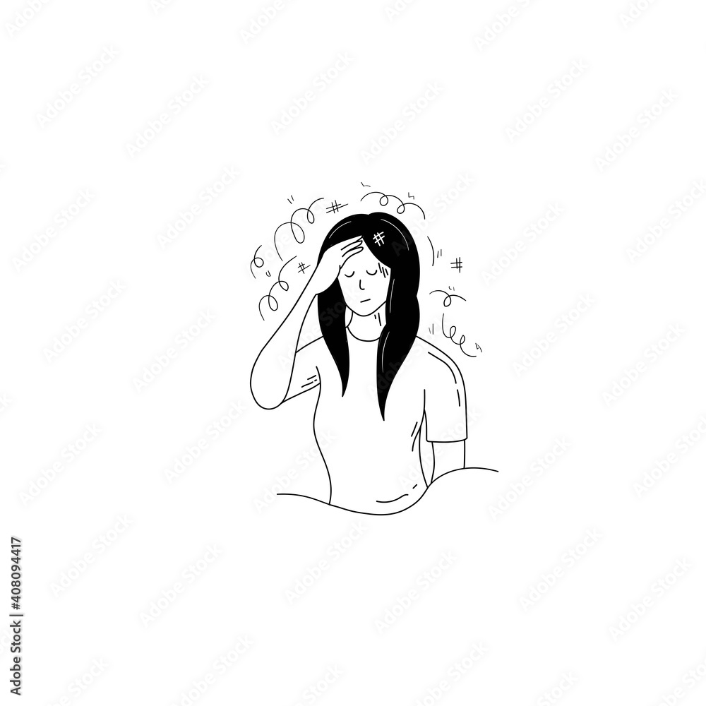 Woman in depression, frustration hand drawn vector design. Young sad girl hold up her head with any question