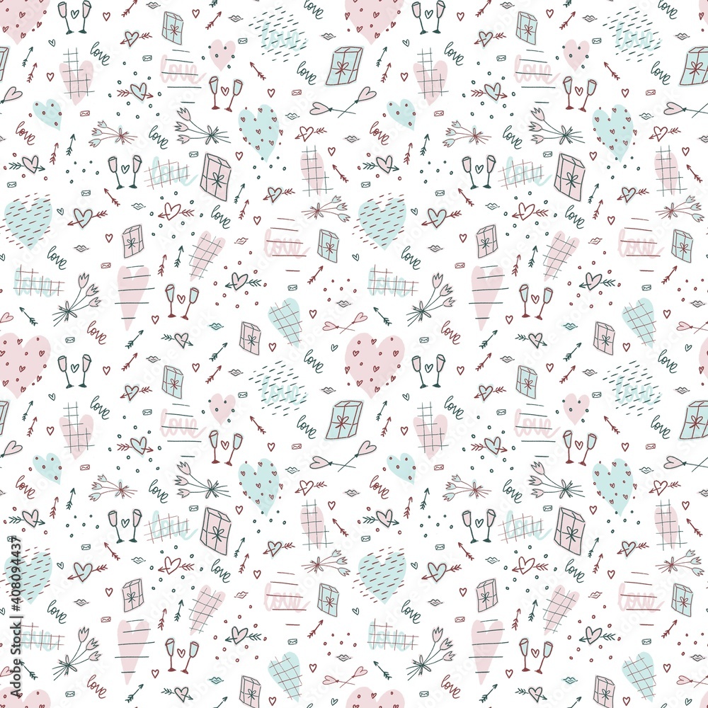 Valentines Day seamless pattern with hearts, kisses, flowers and gifts for wrapping paper
