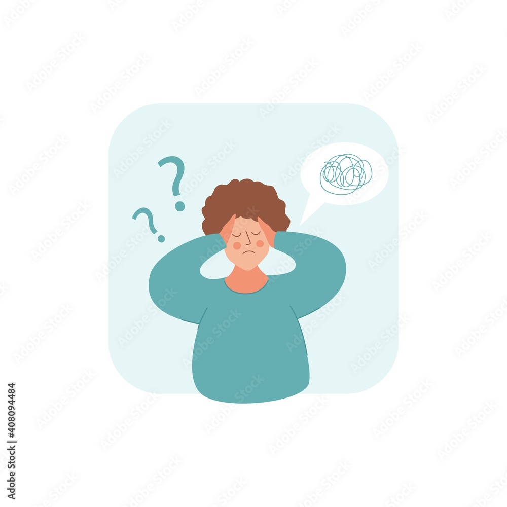 Woman in depression with bewildered thoughts in her mind. Young sad girl hold up her head with any question Woman in depression with bewildered thoughts in her mind. Young sad girl hold up her head with any question