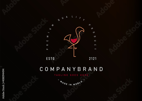 Flamingo wine logo design. Vector illustration of abstract flamingo shaped wine glass filled with red wine. Modern vintage icon design template with line art style.