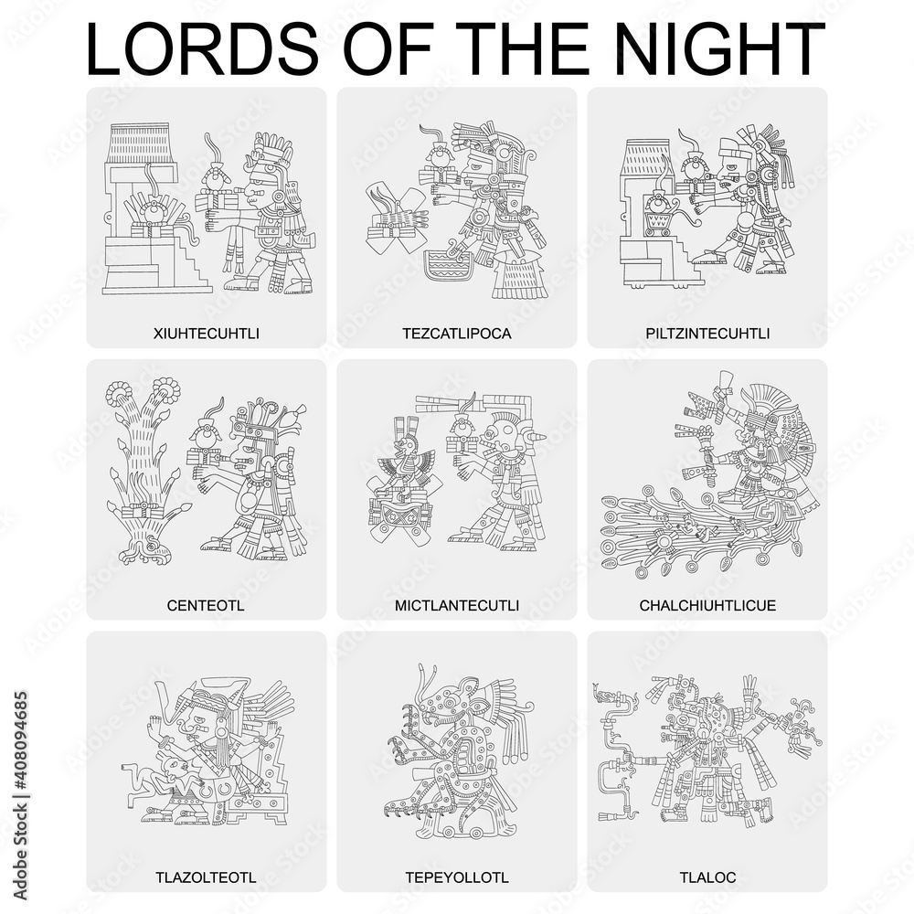 vector set with Aztec deities Lords of the Night for your project