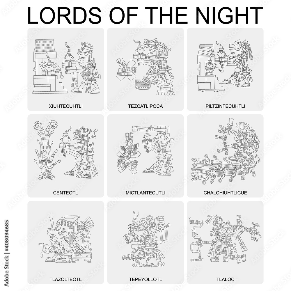 vector set with Aztec deities Lords of the Night for your project vector set with Aztec deities Lords of the Night for your project