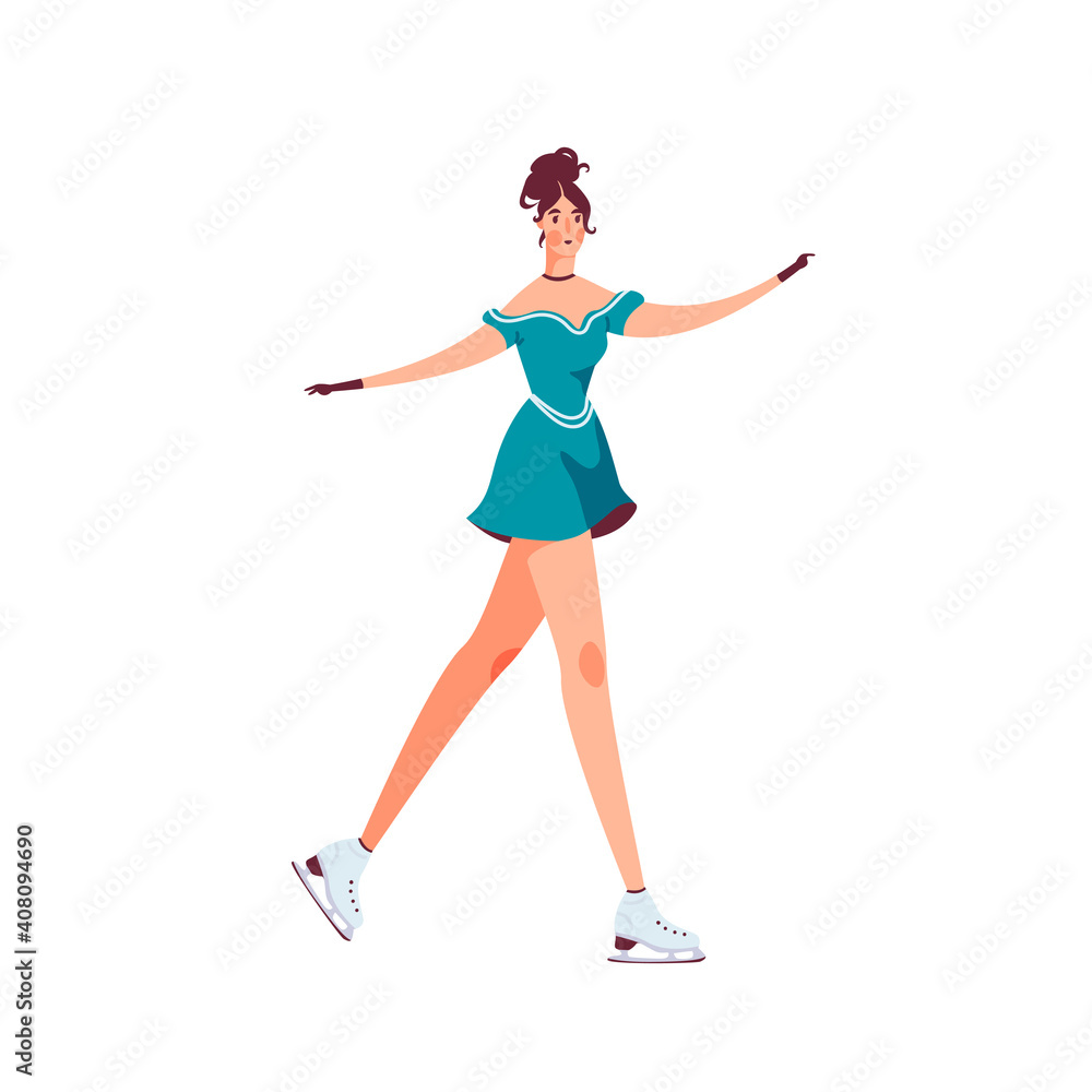 Female figure skater isolated on white vector illustration. Winter sport, ice dancer, gymnast woman design element. Championship, competition activity in cartoon style. Female figure skater isolated on white vector illustration. Winter sport, ice dancer, gymnast woman design element. Championship, competition activity in cartoon style.