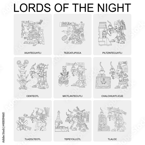 vector set with Aztec deities Lords of the Night for your project
