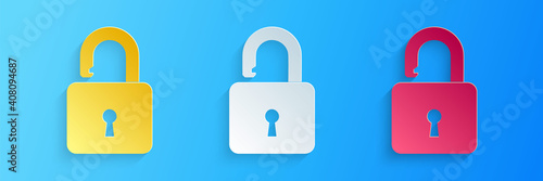 Paper cut Open padlock icon isolated on blue background. Opened lock sign. Cyber security concept. Digital data protection. Safety safety. Paper art style. Vector.