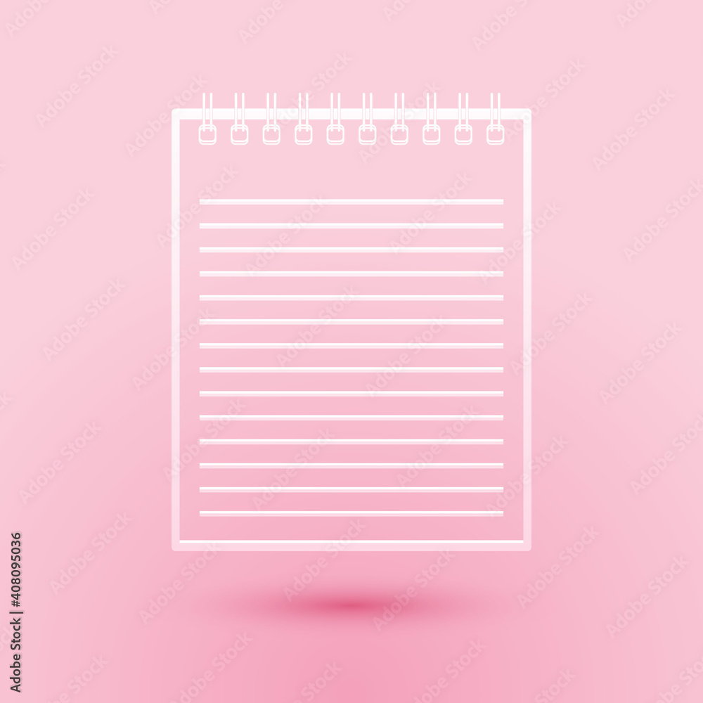 Paper cut Notebook icon isolated on pink background. Spiral notepad icon. School notebook. Writing pad. Diary for business. Notebook cover design. Paper art style. Vector.