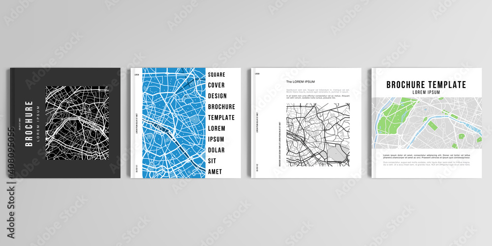 Realistic vector layouts of cover mockup design templates with urban city map of Paris for square brochure, cover design, flyer, book design, magazine, poster.
