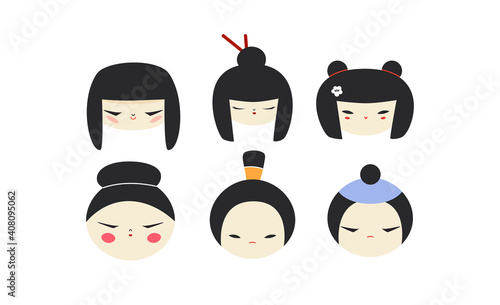 Isolated kokeshi doll heads collection. Set of various traditional Japan culture symbols. Cute geisha, samurai toy icons cartoon clipart.