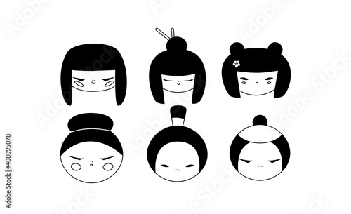 Isolated kokeshi doll heads transparent outline collection. Set of various traditional Japan culture symbols. Cute geisha, samurai toy icons cartoon clipart.