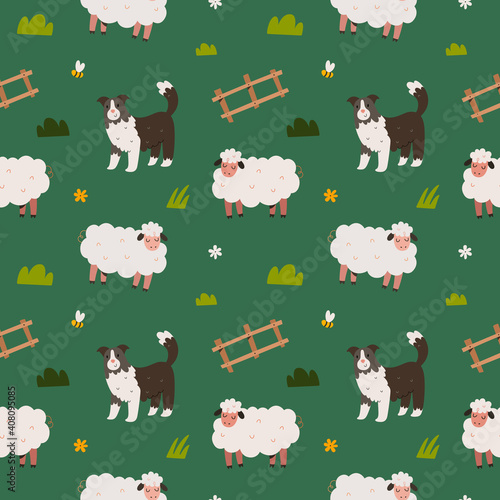 Cute sheep and border collie dog walking in the meadow, seamless pattern, cute cartoon illustration with domestic farm animals and herding dog