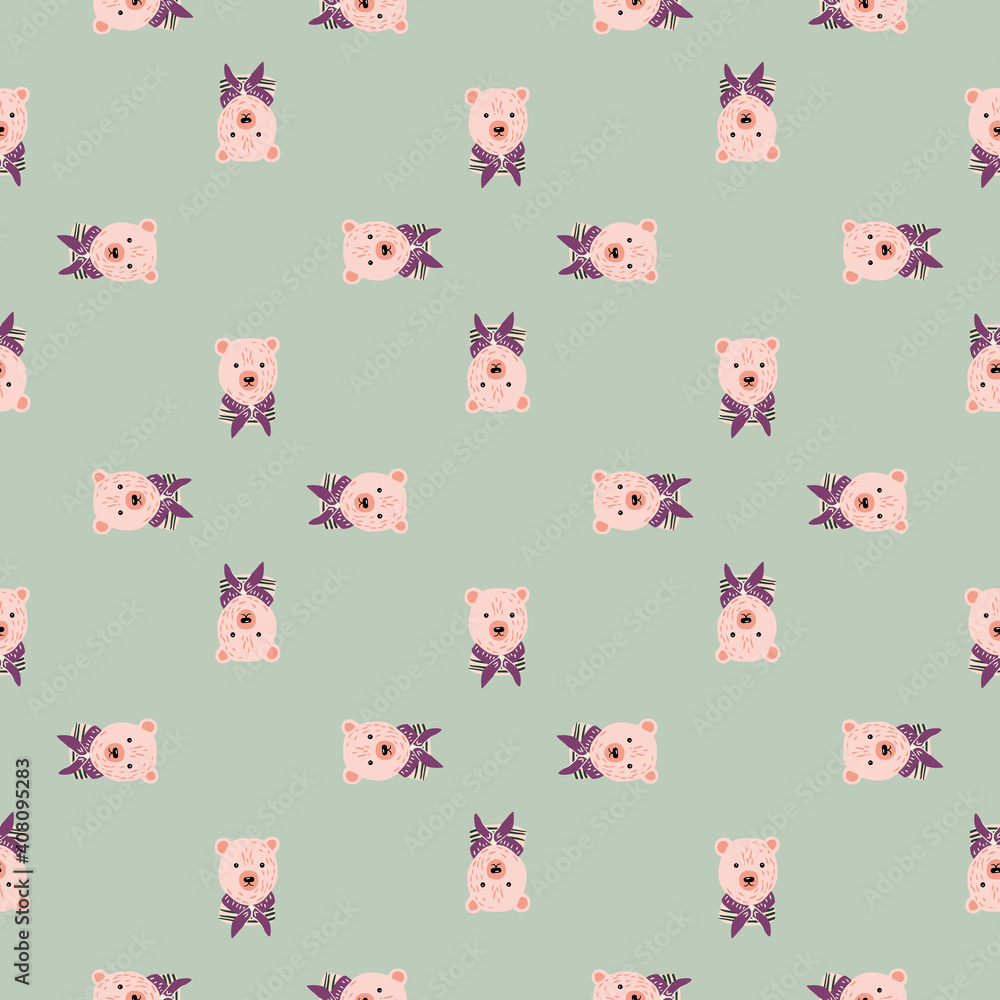 Geometric seamless pattern with simple cute pink bears print. Pastel blue background. Creative design. Geometric seamless pattern with simple cute pink bears print. Pastel blue background. Creative design.