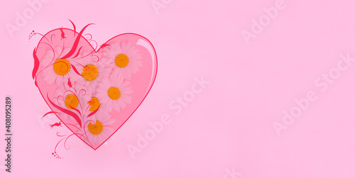 Valentines day greeting card background banner, flowers of daisies in a heart on a pink background with copy space