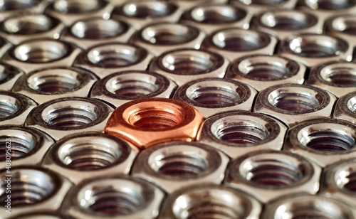 Nonconformity, standing out, individuality, leadership and inclusion concept. Single copper nut among stainles steel nuts. photo