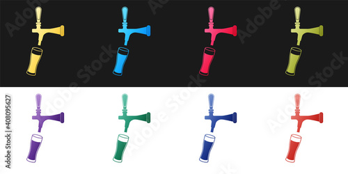 Set Beer tap with glass icon isolated on black and white background. Vector.