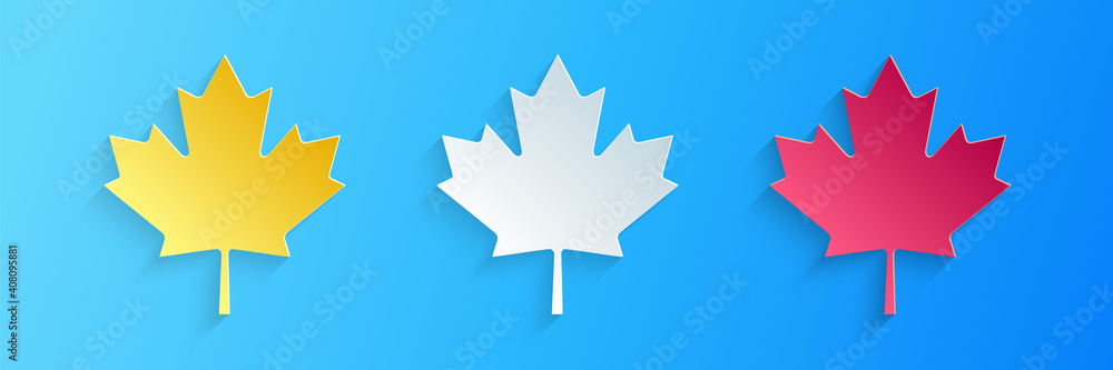 Paper cut Canadian maple leaf icon isolated on blue background. Canada symbol maple leaf. Paper art style. Vector. Paper cut Canadian maple leaf icon isolated on blue background. Canada symbol maple leaf. Paper art style. Vector.