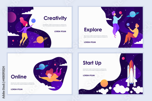 Set of templates for landing pages, presentations, banners, web pages. Creative mind. Galaxy, sky, planets and stars. Rocket launch. People in space. Vector illustration. Presentation. Space explore.