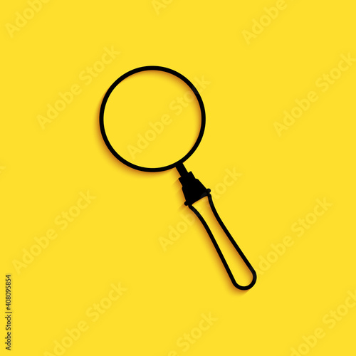 Black Magnifying glass icon isolated on yellow background. Search, focus, zoom, business symbol. Long shadow style. Vector.