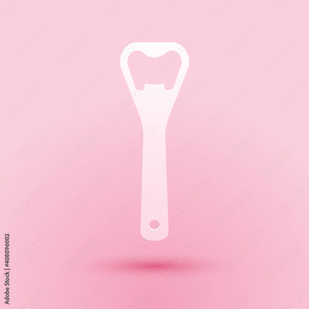 Paper cut Bottle opener icon isolated on pink background. Paper art style. Vector.