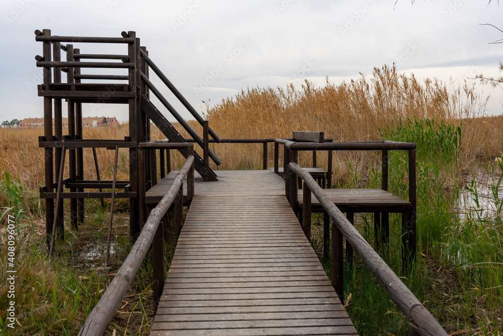 Obraz premium View of the observatory of the natural reserve of plants and birds La Marjal els Moros in the town of Puzol in Spain