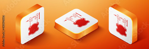 Isometric Vintage street signboard hanging on forged brackets icon isolated on orange background. Suitable for advertisements bar, cafe, pub, restaurant. Orange square button. Vector.