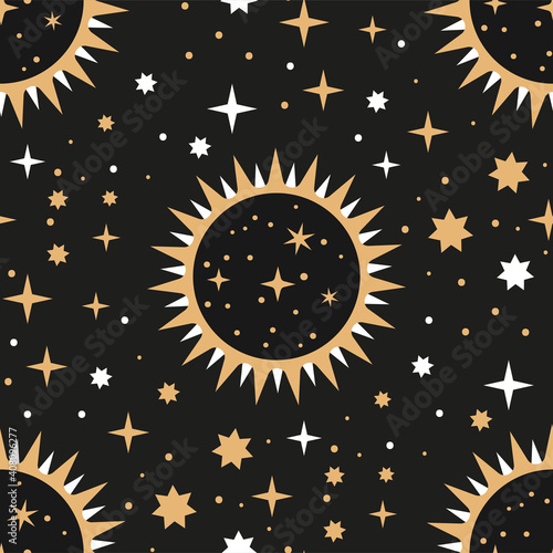 Sun and star astronomy planet space seamless pattern. Vector galaxy background. Astrology night space graphic