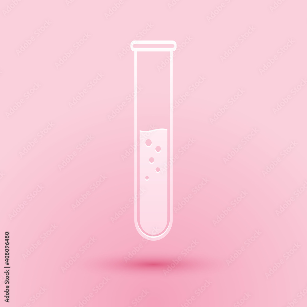 Paper cut Test tube and flask - chemical laboratory test icon isolated on pink background. Paper art style. Vector. Paper cut Test tube and flask - chemical laboratory test icon isolated on pink background. Paper art style. Vector.