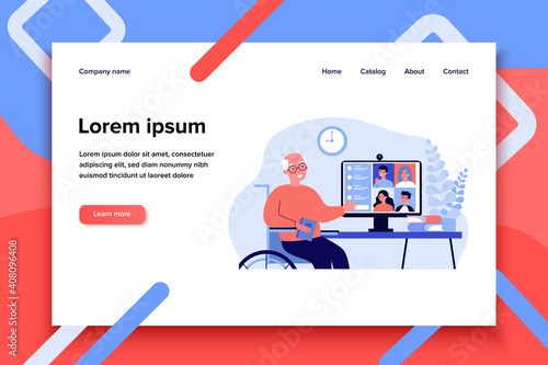 Family meeting online. Senior man having conference chat with children and grandchildren flat vector illustration. Distance, risk, lockdown concept for banner, website design or landing web page