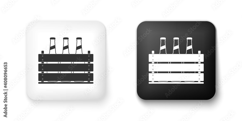 Black and white Pack of beer bottles icon isolated on white background. Wooden box and beer bottles. Case crate beer box sign. Square button. Vector.