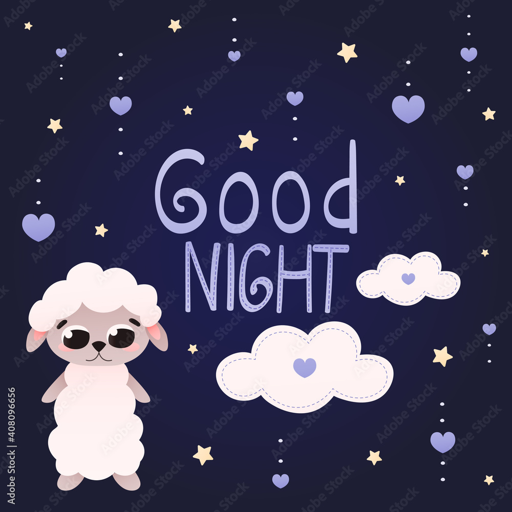 Good night greeting card for kids with cute cartoon animal character lamb with clouds and stars on dark background