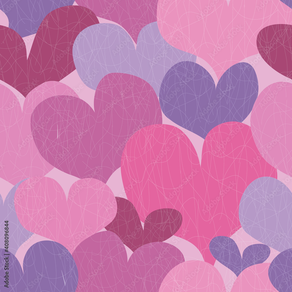 Seamless pattern with hearts in red, pink and purple, located one on top of the other with a spider web effect Seamless pattern with hearts in red, pink and purple, located one on top of the other with a spider web effect