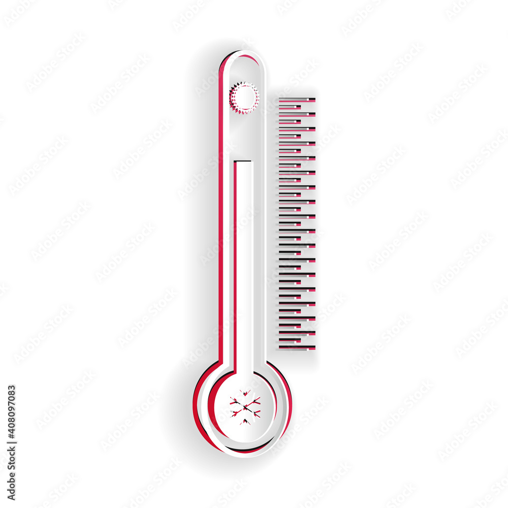 Paper cut Thermometer with scale measuring heat and cold, with sun and snowflake icon isolated on white background. Paper art style. Vector. Paper cut Thermometer with scale measuring heat and cold, with sun and snowflake icon isolated on white background. Paper art style. Vector.