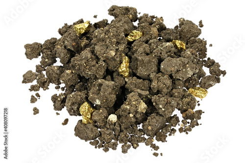 paydirt with some gold nuggets isolated on white background photo