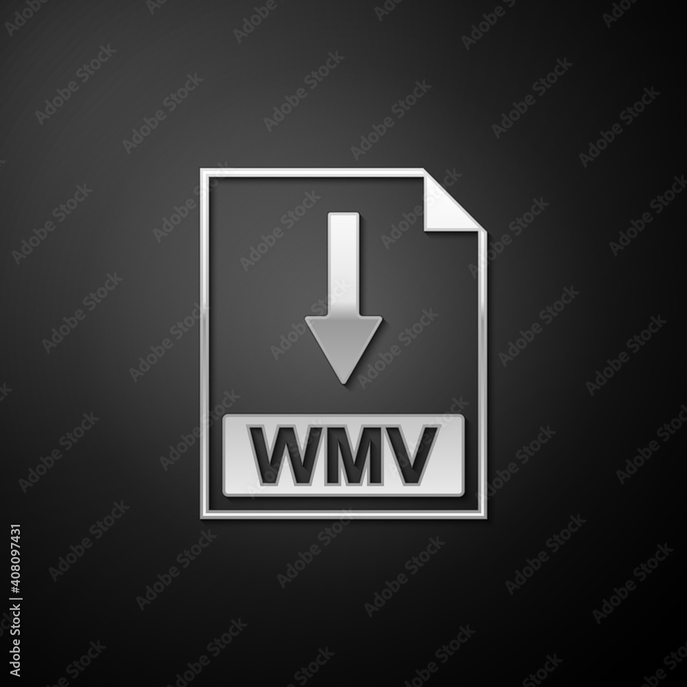 Silver WMV file document icon. Download WMV button icon isolated on black background. Long shadow style. Vector. Silver WMV file document icon. Download WMV button icon isolated on black background. Long shadow style. Vector.