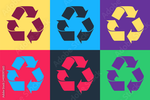 Pop art Recycle symbol icon isolated on color background. Circular arrow icon. Environment recyclable go green. Vector.