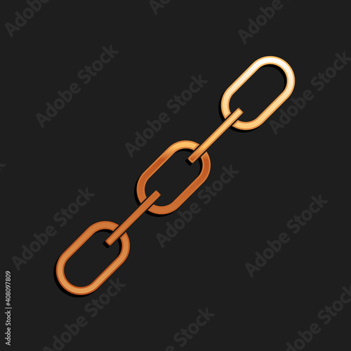 Gold Chain link icon isolated on black background. Link single. Long shadow style. Vector.