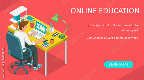 Learning online at home. Student sitting at desk and looking at laptop. E-learning banner. Web courses or tutorials concept. Distance education flat isometric vector illustration.
