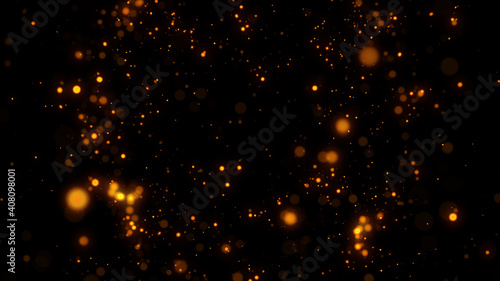 Red or orange glowing light glitter background effect. Fire sparkling magic star dust sparks light effect in explosion in the night sky background.
