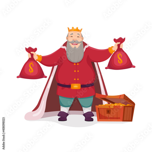 Illustration of an old king standing in treasure chamber and holding bags of gold in his arms. Greedy emotion, treasure chamber, taxes.