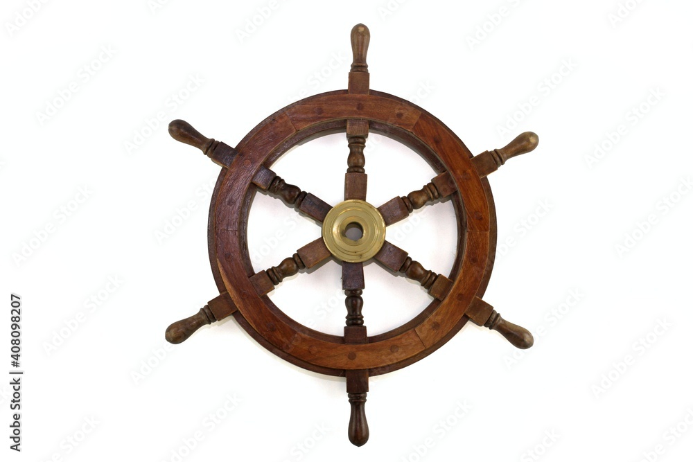 Wheel, rudder, boat, boat steering wheel, isolated, white studio background 