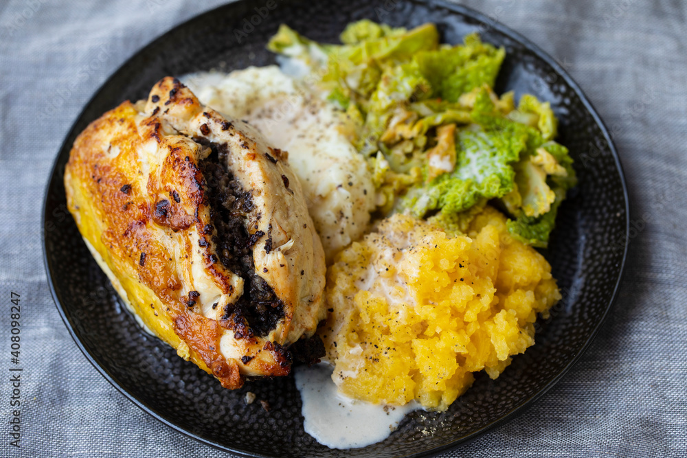 Chicken balmoral, stuffed with haggis with tatties and neeps, Burns Night meal Chicken balmoral, stuffed with haggis with tatties and neeps, Burns Night meal