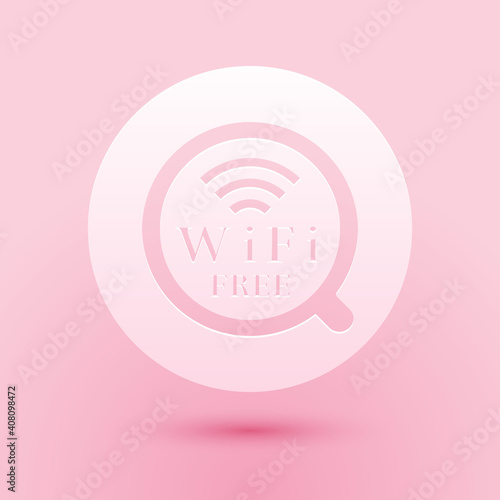 Paper cut Cup of coffee shop with free wifi zone icon isolated on pink background. Internet connection placard. Paper art style. Vector.